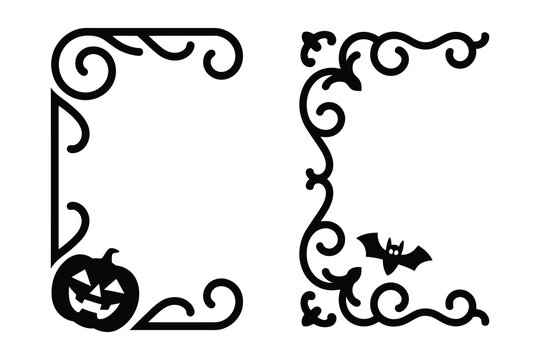 Halloween Swirl Corner Decorative Border elements, with Bats and Pumpkin silhouettes, elegant vines designed for invitation greeting cards

