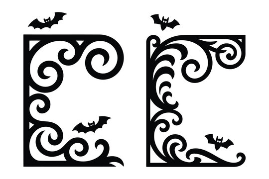 Halloween Swirl Corner Decorative Border elements, with Bats and Pumpkin silhouettes, elegant vines designed for invitation greeting cards


