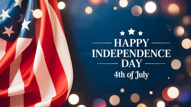Happy independence day greeting card with an american flag and festive bokeh lights background for fourth of july