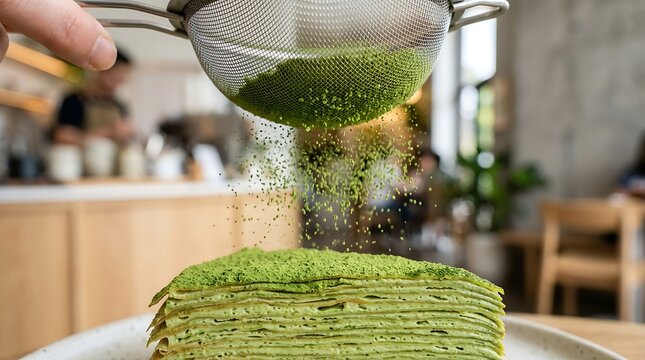 Matcha crepe cake being dusted with green tea powder from a silver mesh sieve in cafe