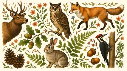 Obraz premium Forest animals and foliage a detailed vintage style vector illustration