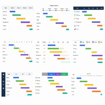 Nine minimalist Gantt chart UI templates with colorful timeline bars on a white background.