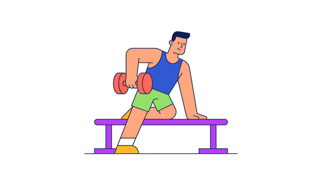 Fitness Man Exercising with Dumbbell on Workout Bench Flat Illustration