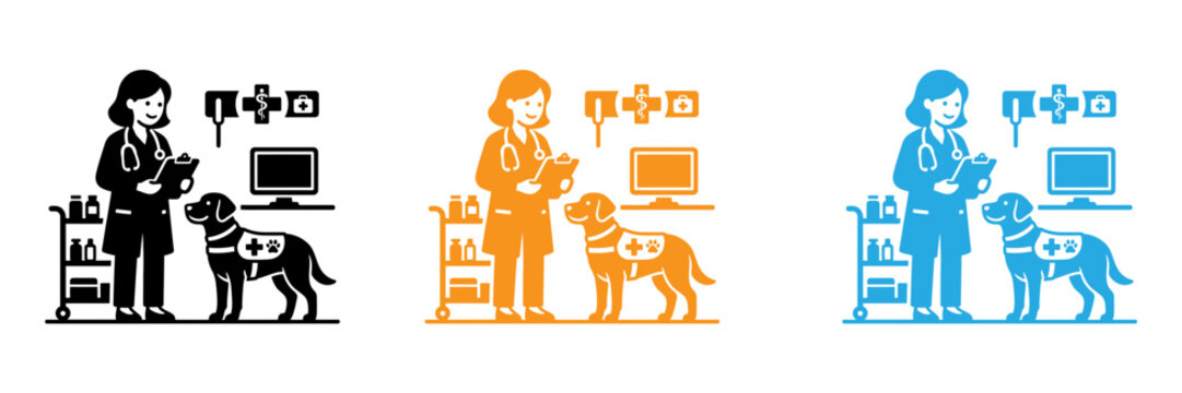 Three icons showing people working with pets and technology
