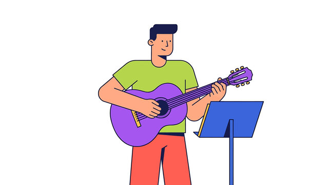 Musician Playing Acoustic Guitar in a Vibrant Flat Vector Design