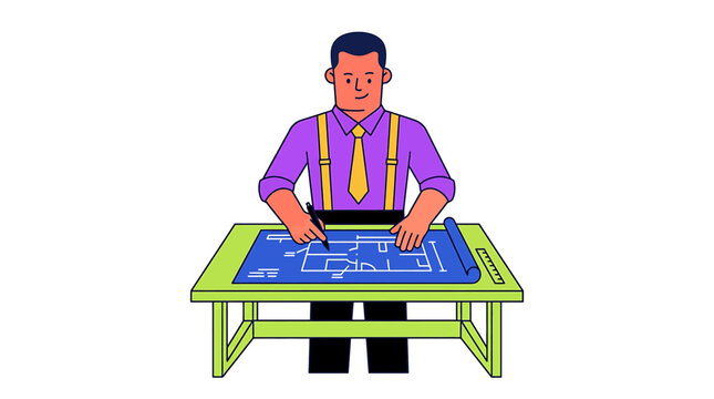 Architect Working on Floor Plans in a Modern Office Vector