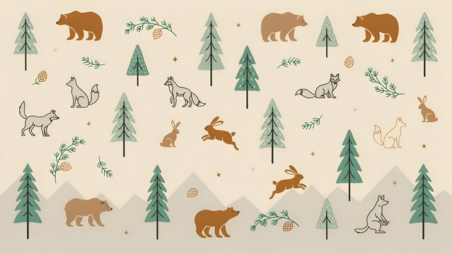 Forest animal and tree pattern with bears foxes and rabbits