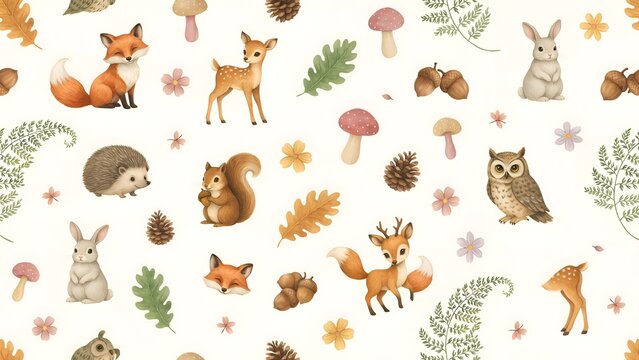 Forest animal and plant watercolor pattern on a white background