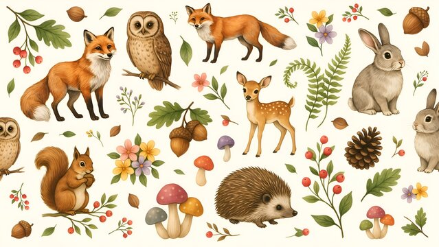 Forest animal and botanical illustration detailed watercolor style pattern