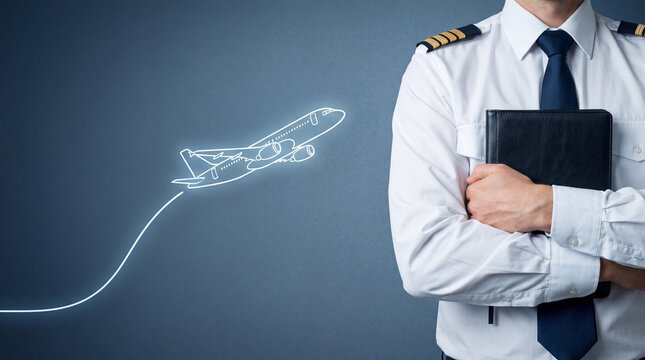 Airline pilot holding a flight logbook. Professional aviator planning a commercial flight.