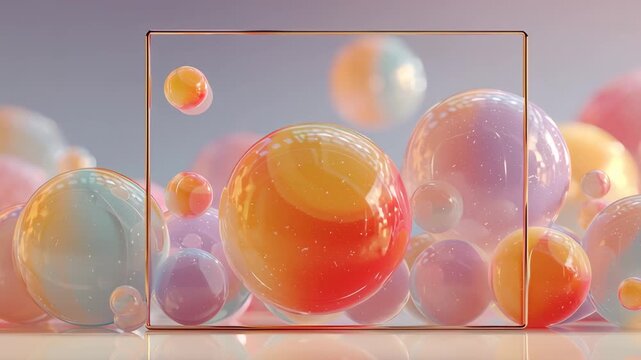 Static shot: Colorful, translucent spheres bounce around a golden frame on a reflective surface. The scene features soft, dreamy lighting.