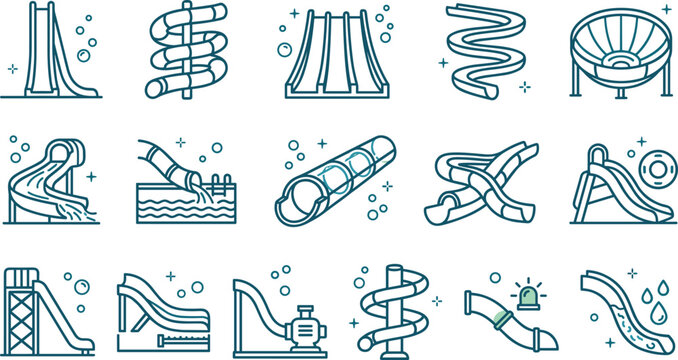 Water Park Slide Outline Icon Set Featuring Waterslides Splash Attractions Aquatic Recreation and Pool Entertainment Minimal Vector Collection