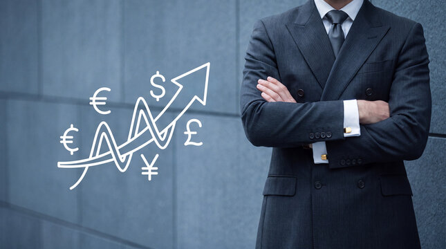 Businessman with growth chart. Financial expert analyzing global currency market trends.