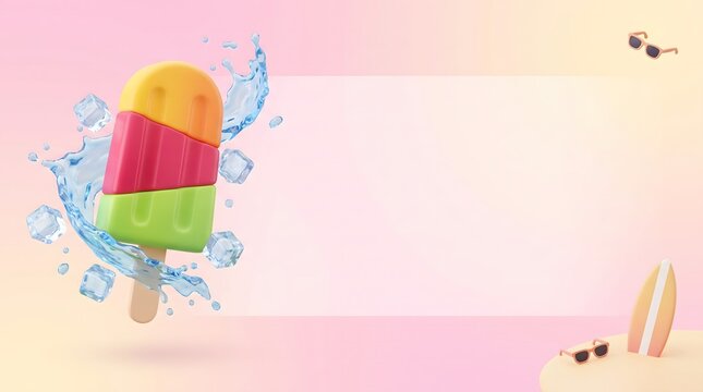 Summer popsicle with water splash and ice cubes. Colorful fruit ice cream bar on pink background with copy space frame.
