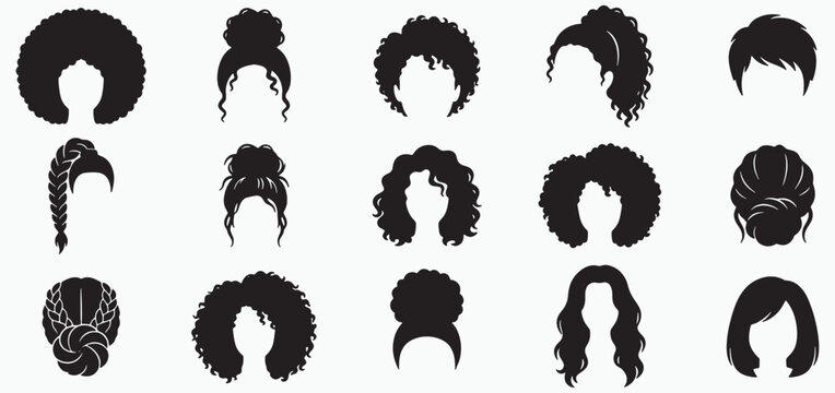 Collection of black silhouettes of diverse women's hairstyles, including curly, braids, and updos Vector