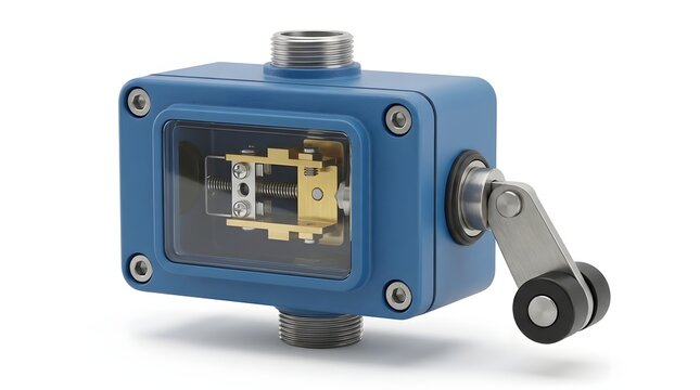 Blue industrial flow meter with clear window and moving lever.