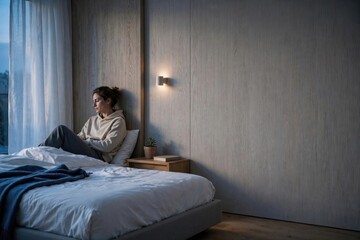 Fototapeta premium Woman Sitting on Bed in Modern Bedroom