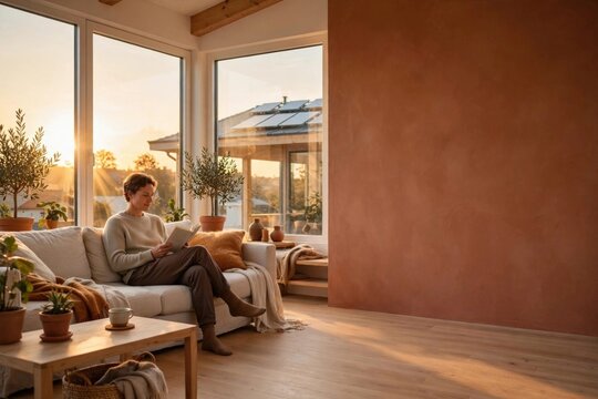 Woman Reading on Sofa in Cozy Living Room at Sunset