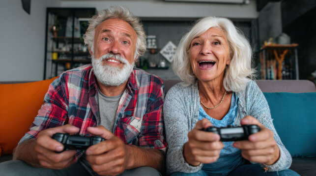 senior couple enjoying video games together at home