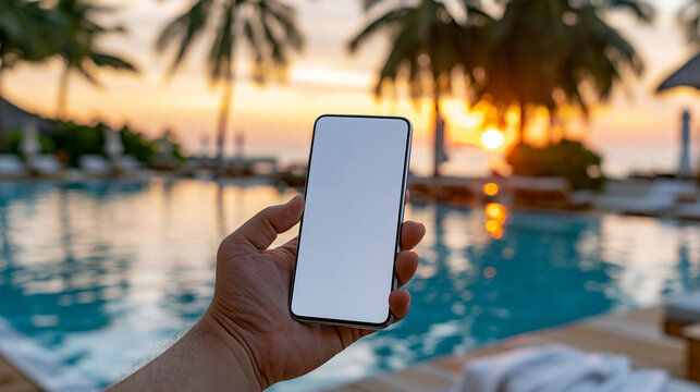 Hand holding smartphone with isolated white screen mockup near tropical swimming pool at sunset, travel app template, luxury lifestyle, digital nomad concept, defocused pool