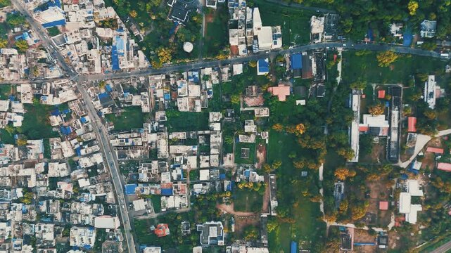 4K Aerial Top down Buildings and Apartment with Multiple Building aerial. Urban Buildings and Apartment at bridge road at Delhi. Cinematic cityscape drone shot. Noida Buildings.