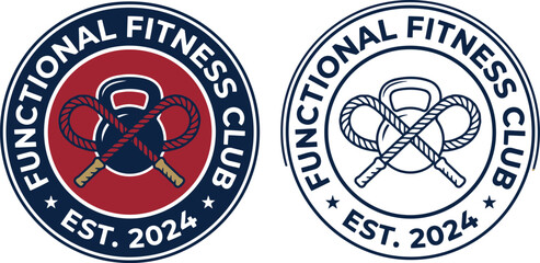 Functional fitness club logo design with kettlebell and battle rope icons © Elizabeth