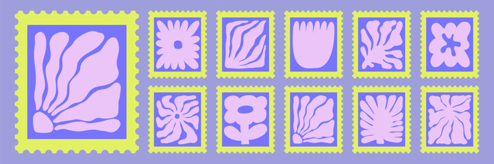 Obraz premium Retro flower postage stamp collection with abstract botanical illustrations. Groovy style. Colorful vintage stamp designs for branding, packaging, prints, and creative projects.