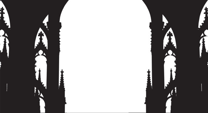Black silhouette of gothic church architecture arches and columns isolated on transparent background, Vector