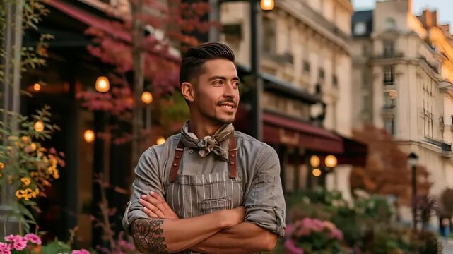 Paris, France, Europe. A portrait of a man standing outdoors in front of the Eiffel Tower at sunset. He wears a striped apron and a bow tie, and has a tattoo on his left arm.