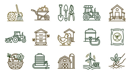 Creative Monochromatic Line Drawing Icons Set Featuring Agricultural Tools Farm Animals Vehicles and Renewable Energy © Yudi