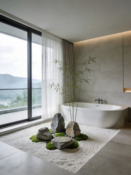 Oriental Zen Private Hot Spring Bath Guest Room Multi-functional Space Rendering Floor-to-ceiling Window Mountain View Spa Beauty Salon Marketing Background