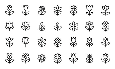 Naklejka premium Collection of minimalist flower line icons on a bright white background, offering a clean and modern design aesthetic.
