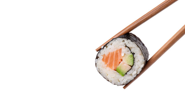 Single piece of fresh salmon sushi maki roll held by wooden chopsticks isolated on transparent background