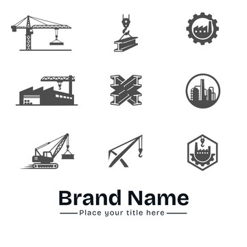 Heavy Industrial Construction Icons Set Vector Black Silhouette Tower Crane Steel I Beam Girder Factory Building Gear Logo Engineering Machinery Equipment Manufacturing Architecture Sign Symbol Design