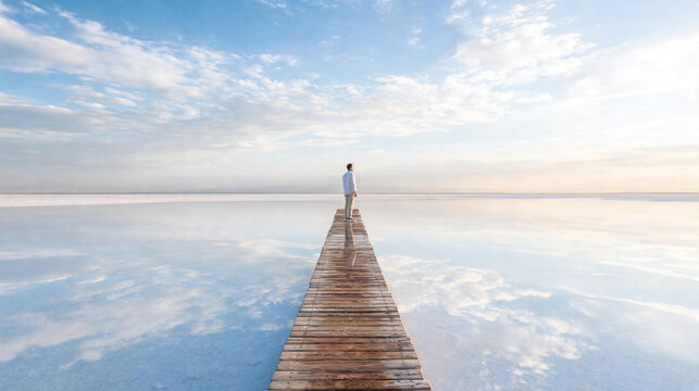 man standing on wooden pier over salt flat reflection at sunrise, salt flat, wooden pier, sky reflection, serene landscape