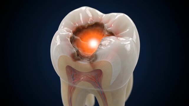 Anatomical cross section of a glowing molar with pulp inflammation