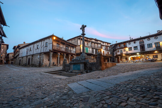 Plaza Mayor, with the characteristic fa&ccedil;ades of the old town of La Alberca de Salamanca, in Salamanca, Castile and Le&oacute;n.