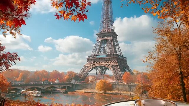 Paris, France, Europe. A vivid portrayal of the Eiffel Tower in Paris, France, bathed in the warm hues of autumn. The scene is set in a serene park with trees displaying vibrant red, orange.
