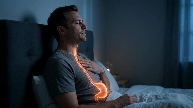 Man sitting in bed at night suffering from heartburn and indigestion