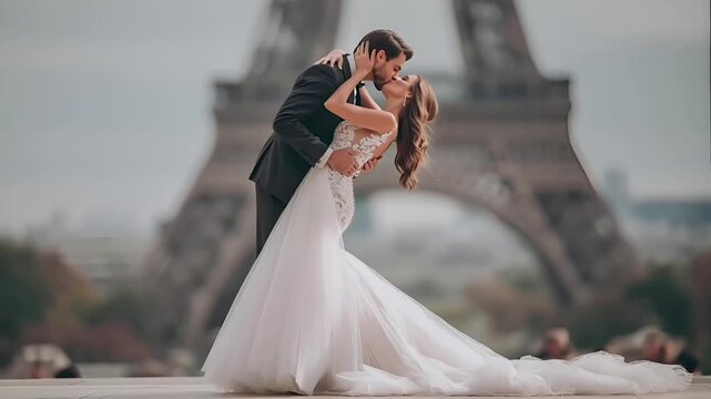Paris, France, Europe. A romantic wedding photograph captures a couple passionately kissing in front of the Eiffel Tower. The bride wears a white gown with intricate lace detailing.