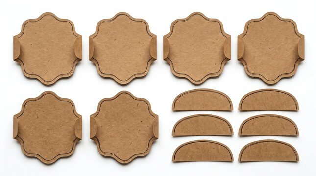 Kraft cardboard scalloped label tags set with half circle stickers isolated on white background.