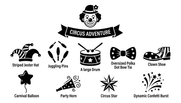 Circus Adventure Icons Set with Clown, Juggling Pins, Drum, Balloon, and More Featuring Jester, Hat