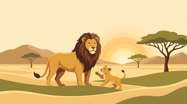 Lion and cub stand together on african savanna at sunrise illustration in flat geometric art style.