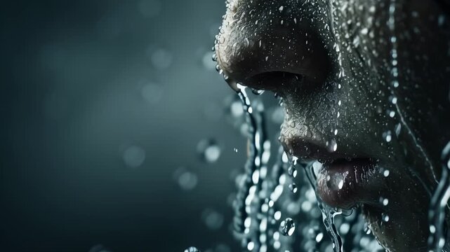 Close-up static shot: Water cascades over a person's face. The scene highlights the refreshing and dramatic effect of the liquid.