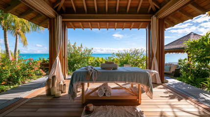 Fototapeta premium luxury wellness spa pavilion with ocean view and massage