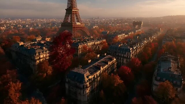 Paris, France, Europe. A vivid portrayal of Paris during autumn. The Eiffel Tower stands majestically in the foreground, its iconic lattice structure and intricate ironwork clearly visible.