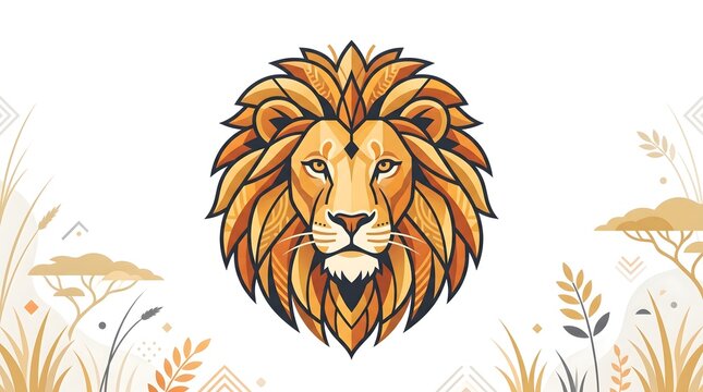 Majestic lion head portrait with ornate geometric patterns in golden tones on white background art.