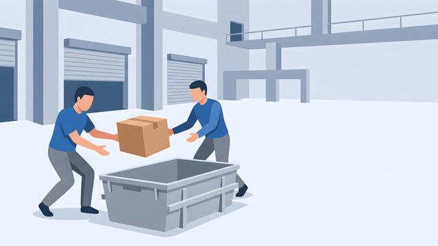 Logistics Team Sorting Package into Bin in Warehouse Vector