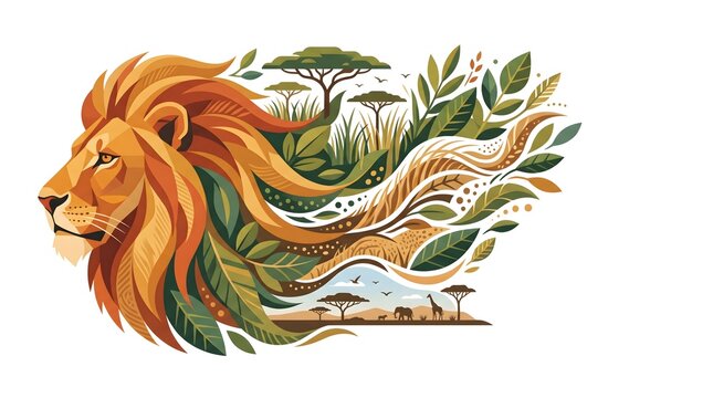 Abstract lion head profile merging with african savanna landscape and flora in flowing art style.