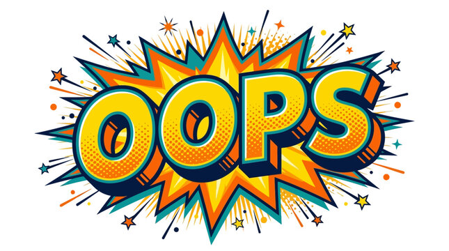 Vibrant comic book style 'OOPS' text with an explosive background and scattered stars, conveying surprise or a mistake.